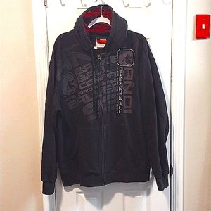 AND1 BASKETBALL ZIP UP BLACK HOODIE SIZE L. GRAY LETTERING ON THE FRONT.